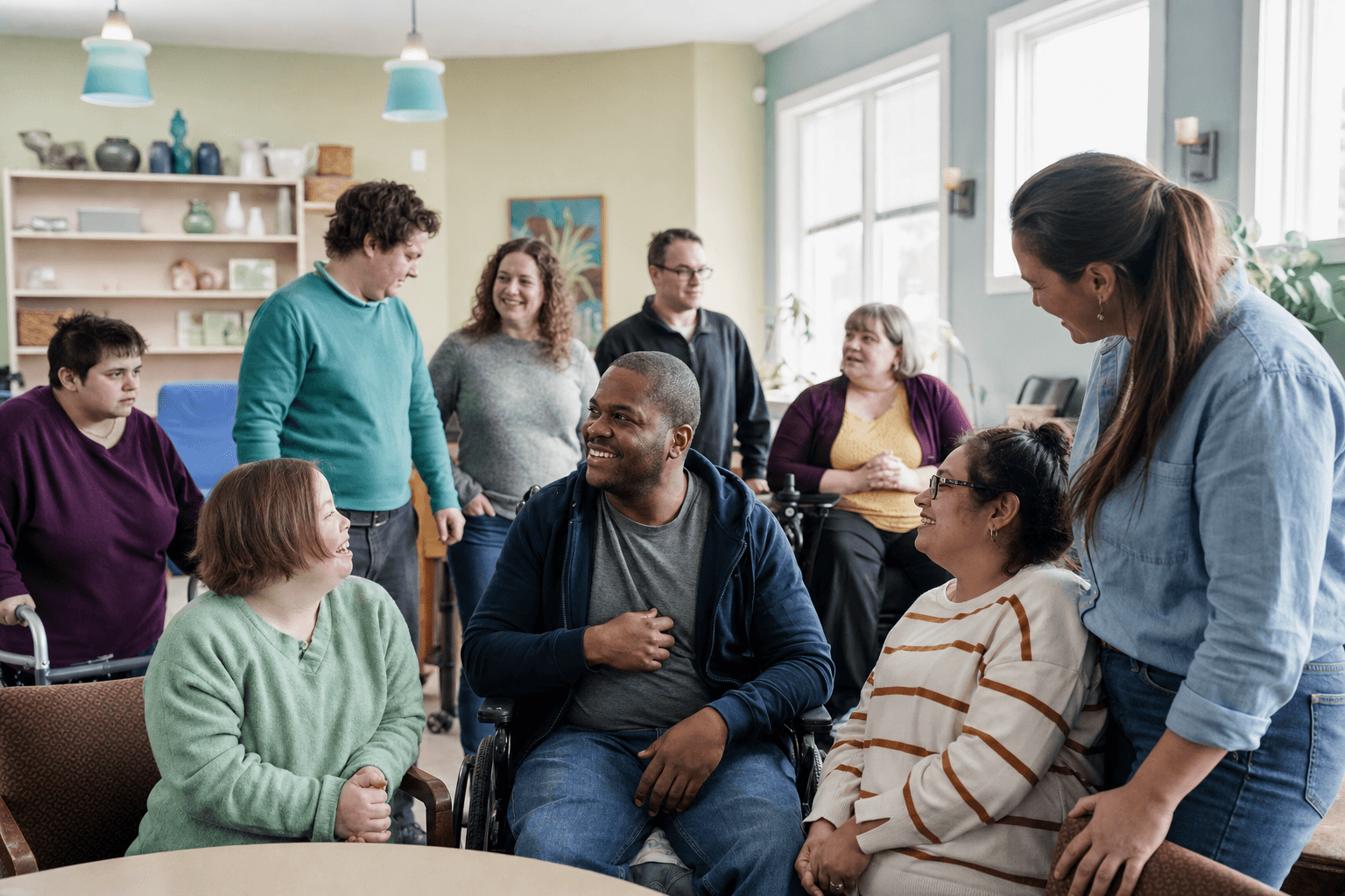 Staff and adults with developmental and intellectual disabilities gathered together in a warm, welcoming adult day care community room