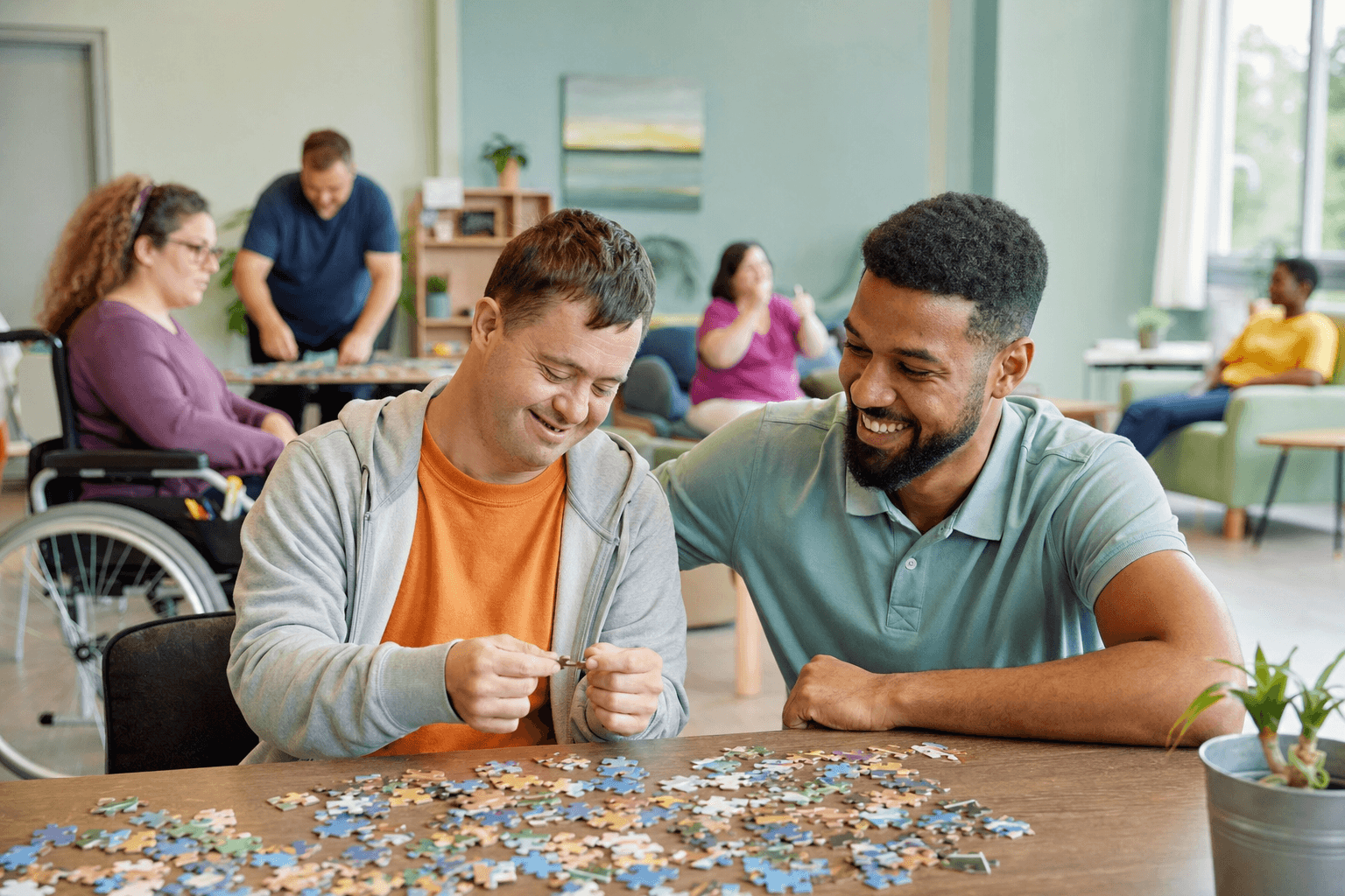 An adult with a developmental disability and a caring staff member smiling together in a bright adult day care activity room