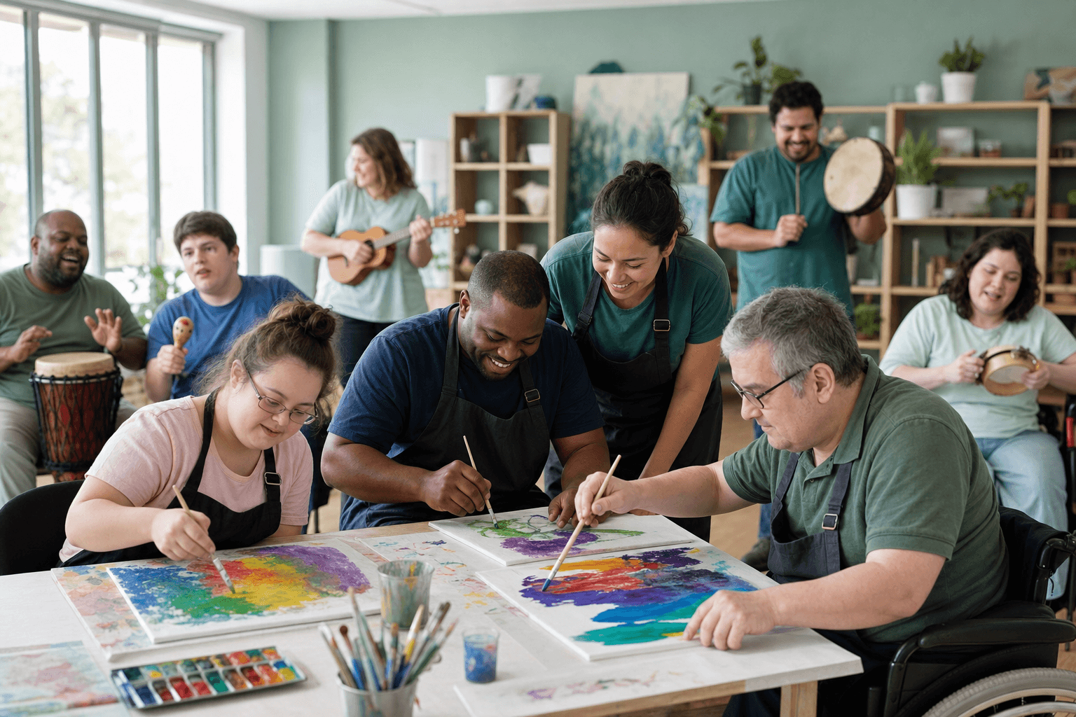 Adults with intellectual and developmental disabilities engaged in a lively group activity during a structured day at Folak Adult Social Day Program