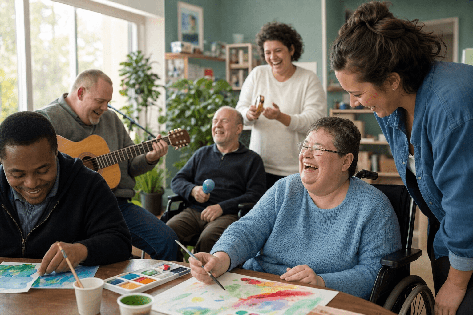 Adults with developmental disabilities enjoying group activities at a Franklin Park adult day program