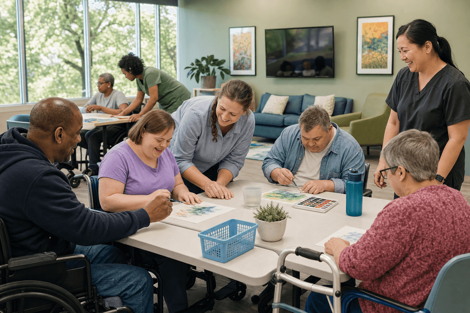 Adults with intellectual and developmental disabilities taking part in community-based support at FOLAK Healthcare's Adult Social Program of NJ in Franklin Park, NJ
